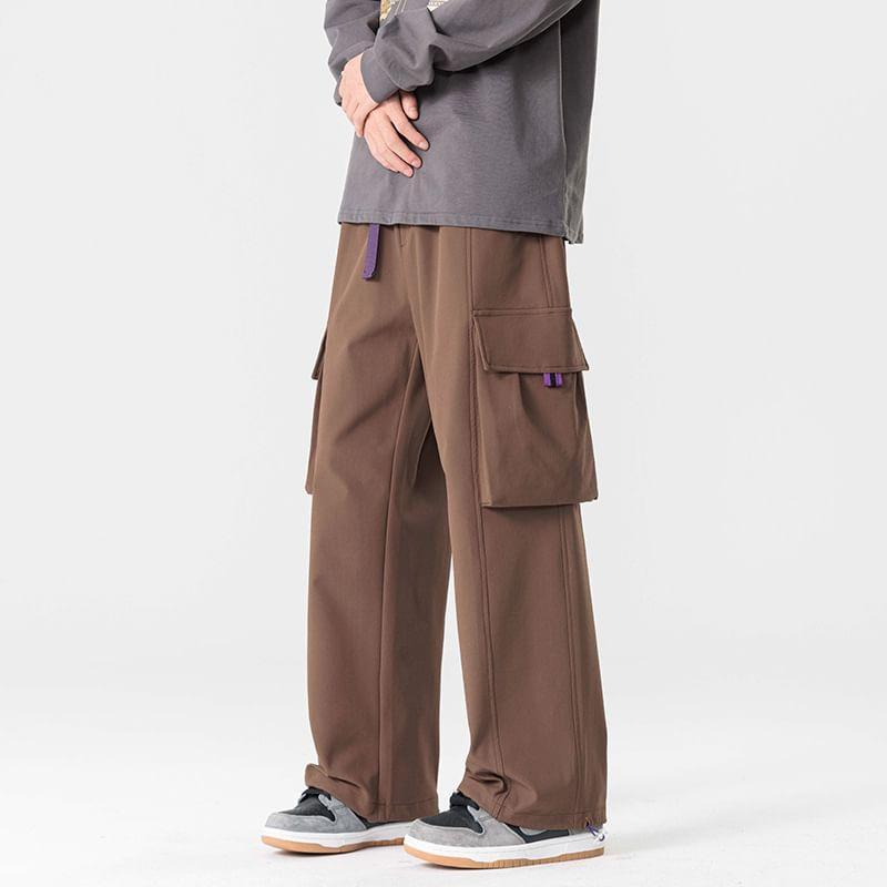 Elastic Waist Buckled Wide Leg Cargo Pants Product Image