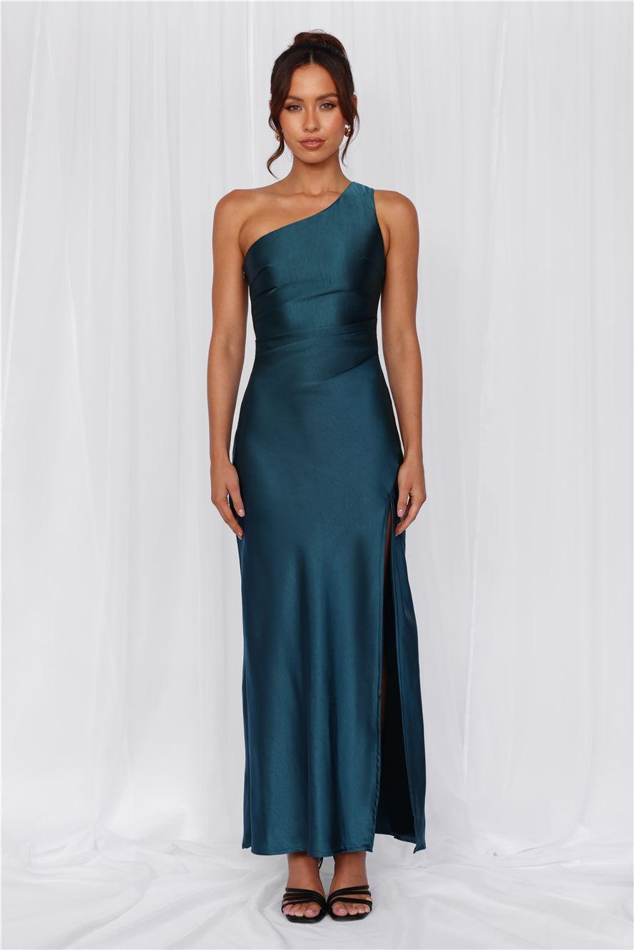 HELLO MOLLY The Aurora One Shoulder Satin Maxi Dress Teal Product Image