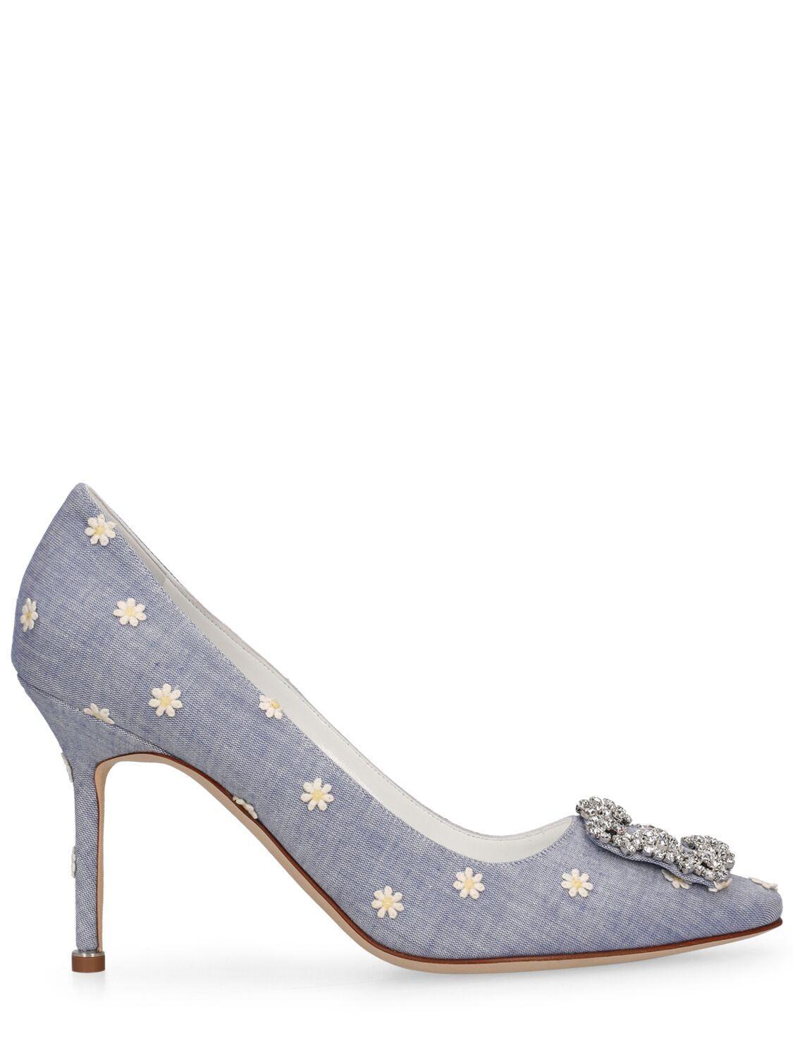 MANOLO BLAHNIK 90mm Hangisi Canvas Pumps In Light Blue,white Product Image