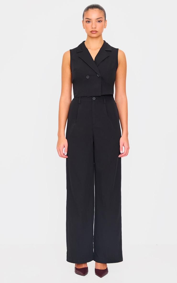 Black Structured Woven Tailored Sleeveless Vest Detail Jumpsuit Product Image