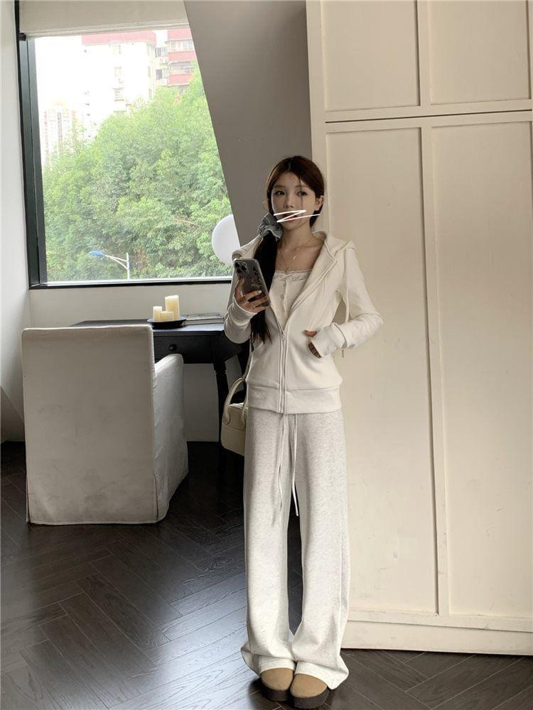 Plain Zip-Up Hoodie / Drawstring Waist Wide Leg Sweatpants Product Image