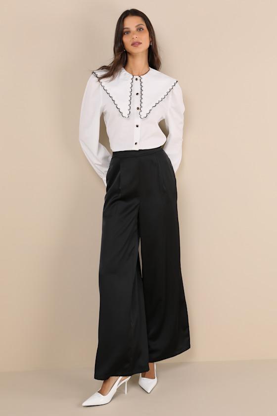 Stunning Chicness Black Satin High-Rise Wide-Leg Pants Product Image