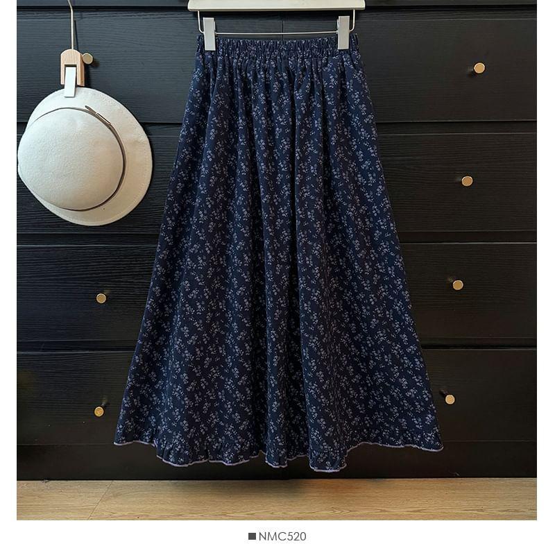 Floral-Print High-Waist A-Line Skirt Product Image