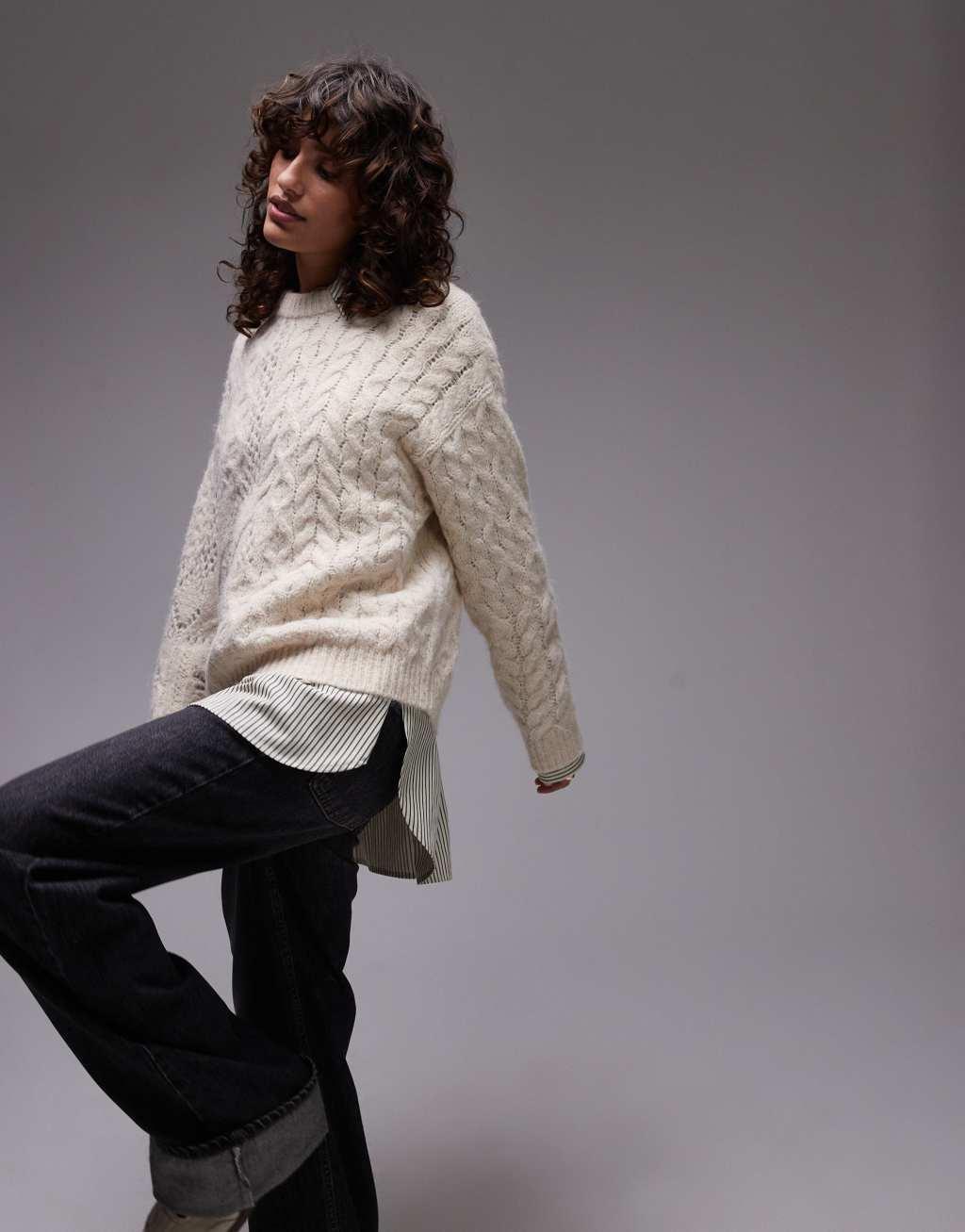 Topshop knit lofty cable relaxed sweater in ivory Product Image