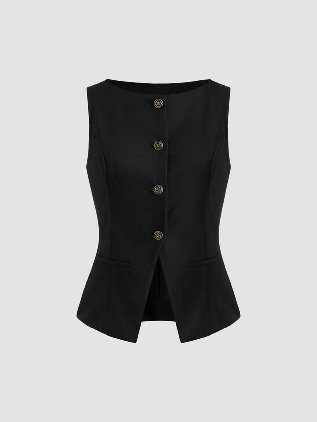 Velvet Boat Neck Solid Button Blazer Vest Product Image