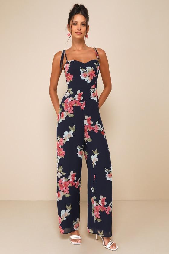 Stylish Certainty Navy Blue Floral Tie-Strap Wide-Leg Jumpsuit Product Image