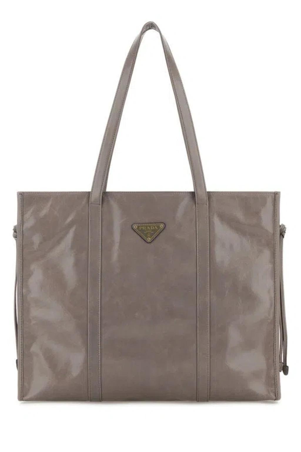 PRADA Woman Grey Leather Shopping Bag In Gray Product Image