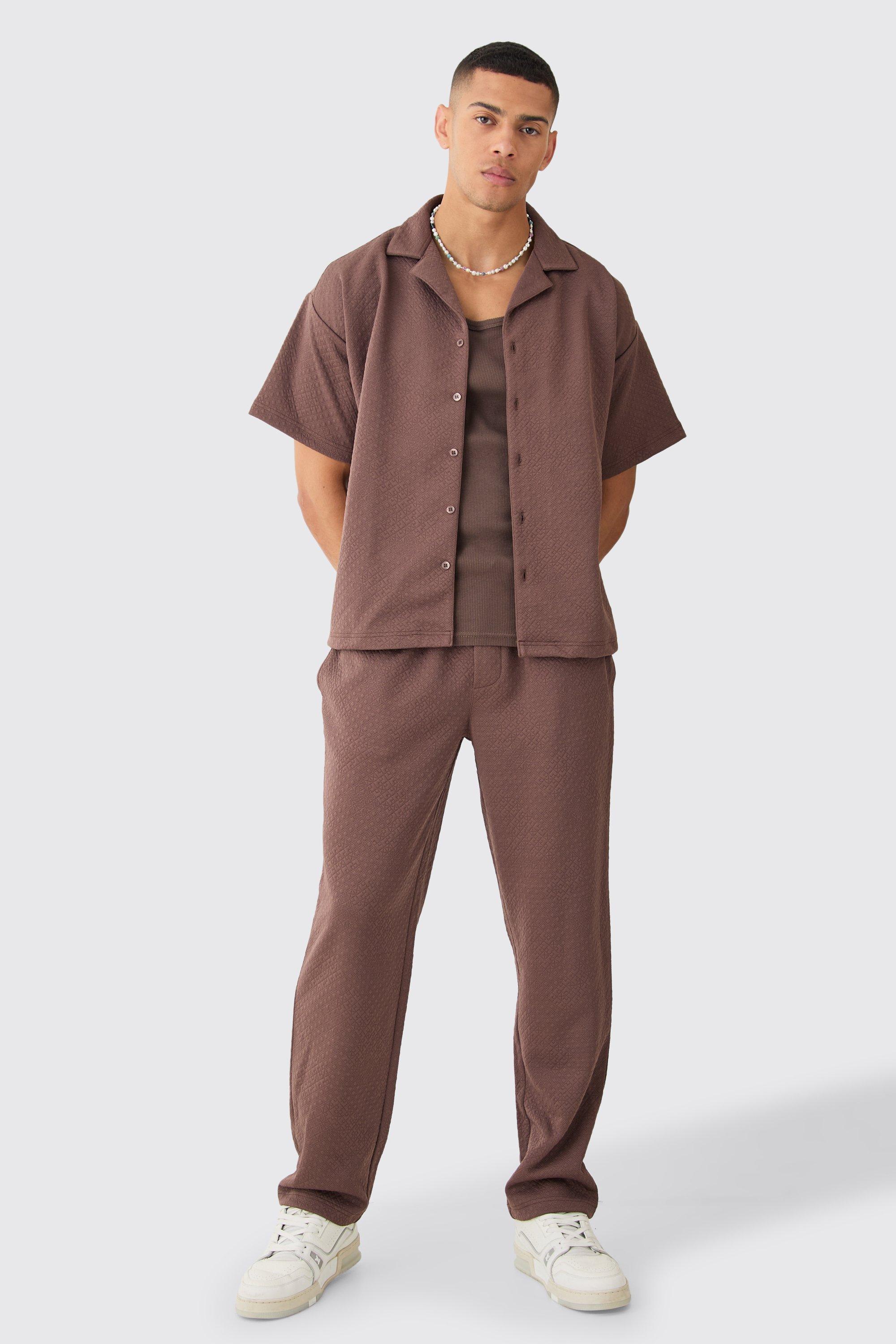 Mens Brown Short Sleeve Boxy Textured Stretch Shirt & Trouser, Brown Product Image