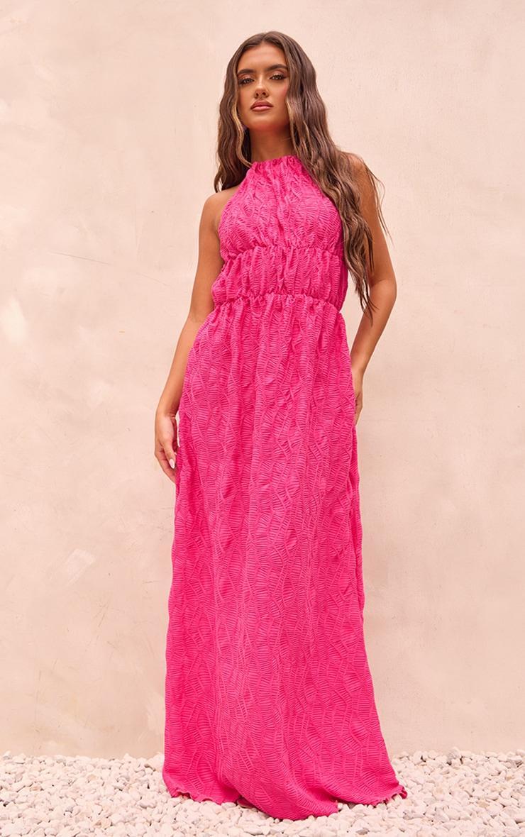 Fuchsia Textured Tiered Halterneck Maxi Dress Product Image