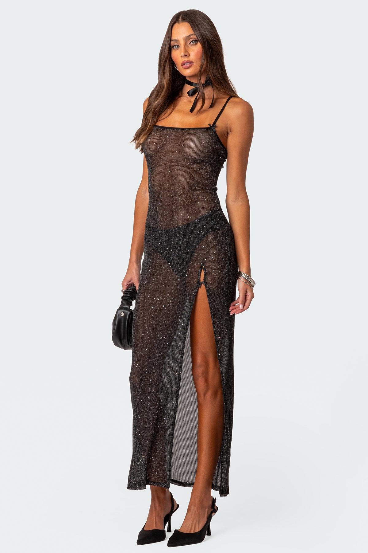 Sheer Micro Sequin Slitted Maxi Dress Product Image