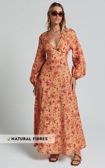 Amalie The Label - Maraien Linen Blend V Neck Front Keyhole Maxi Dress in Valencia Print product image