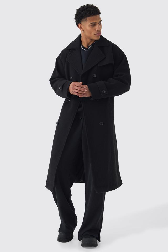 Oversized Double Breasted Trench Overcoat In Black | boohooMAN USA Product Image