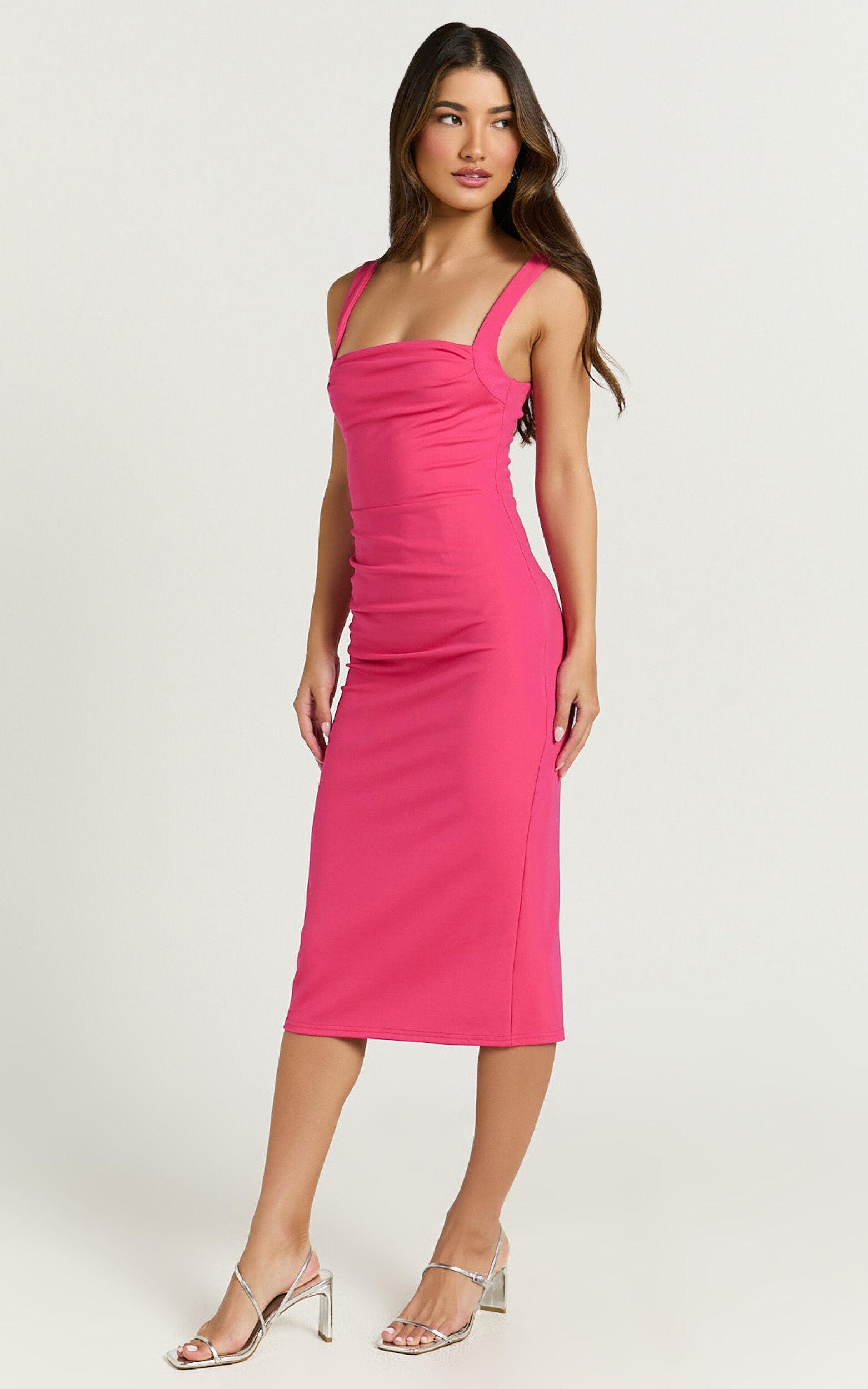 Tiffy Midi Dress - Square Neck Ruched Bodycon Dress in Pink Product Image