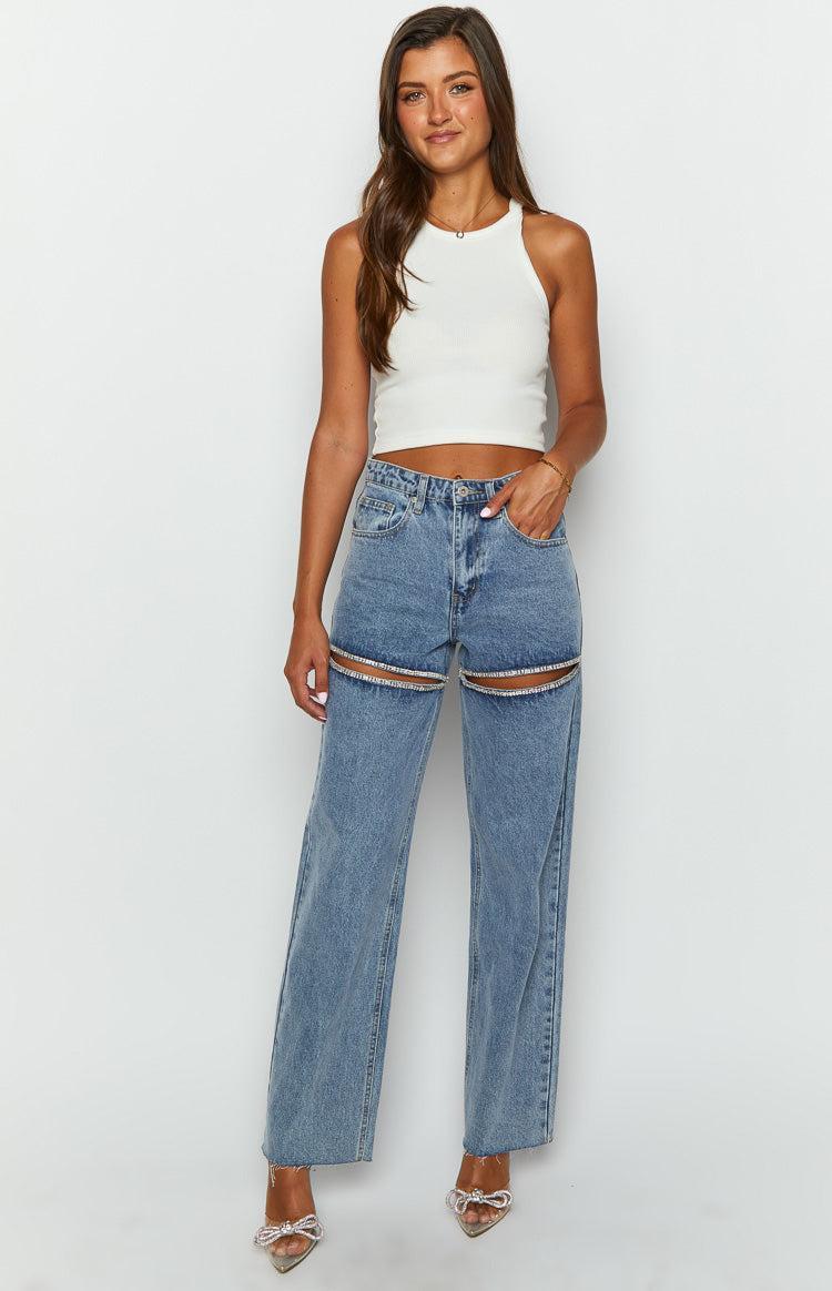 Gem Diamante Trim Wide Leg Denim Jeans Product Image