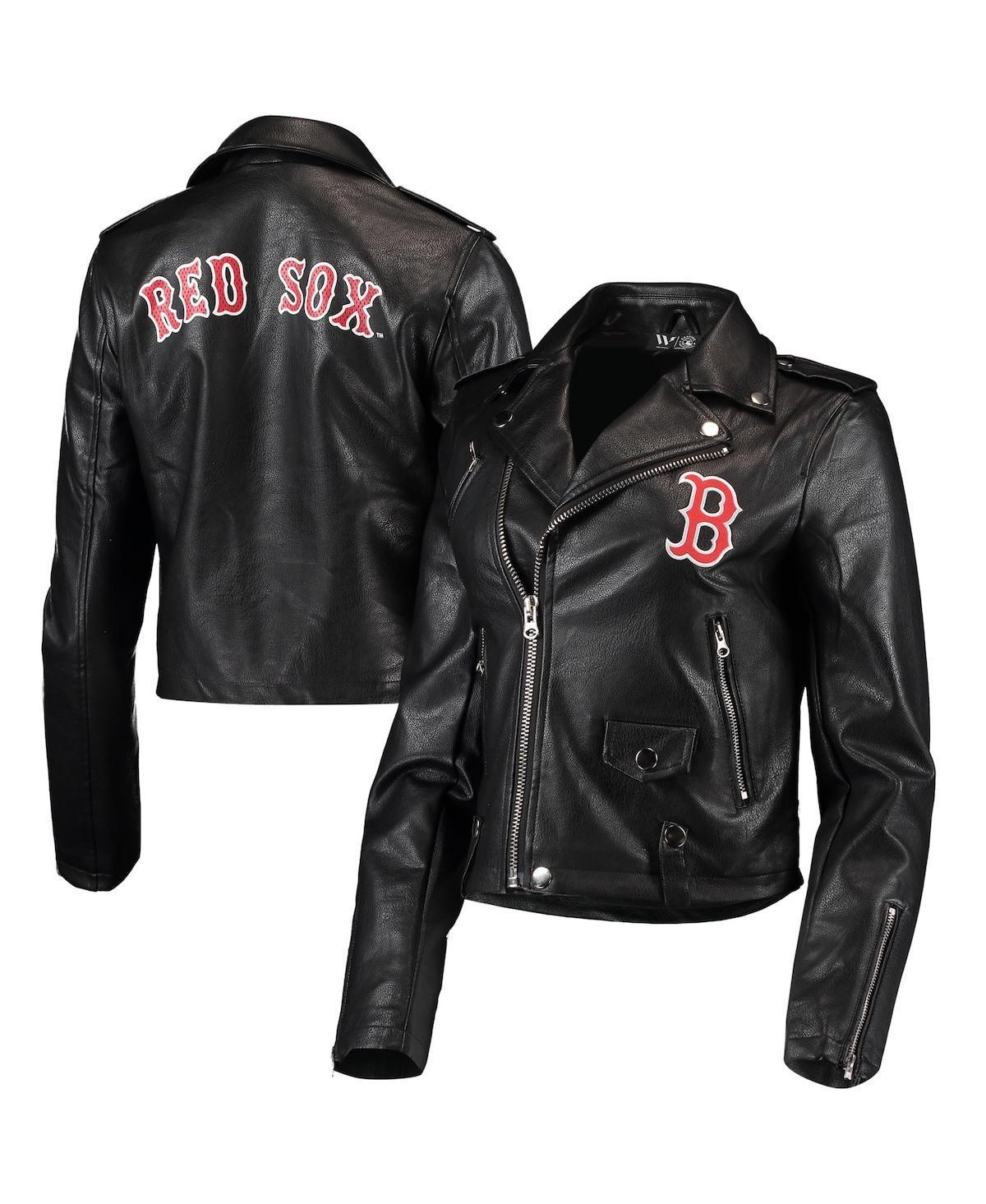 Womens The Wild Collective Black Boston Red Sox Faux Leather Moto Full-Zip Jacket Product Image