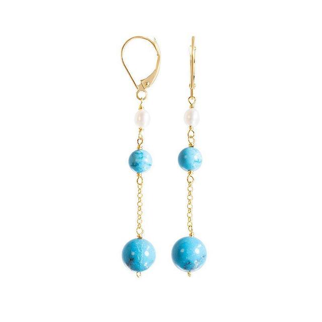 Jewelmak 14k Gold Freshwater Cultured Pearl & Turquoise Dangle Leverback Earrings, Womens Product Image