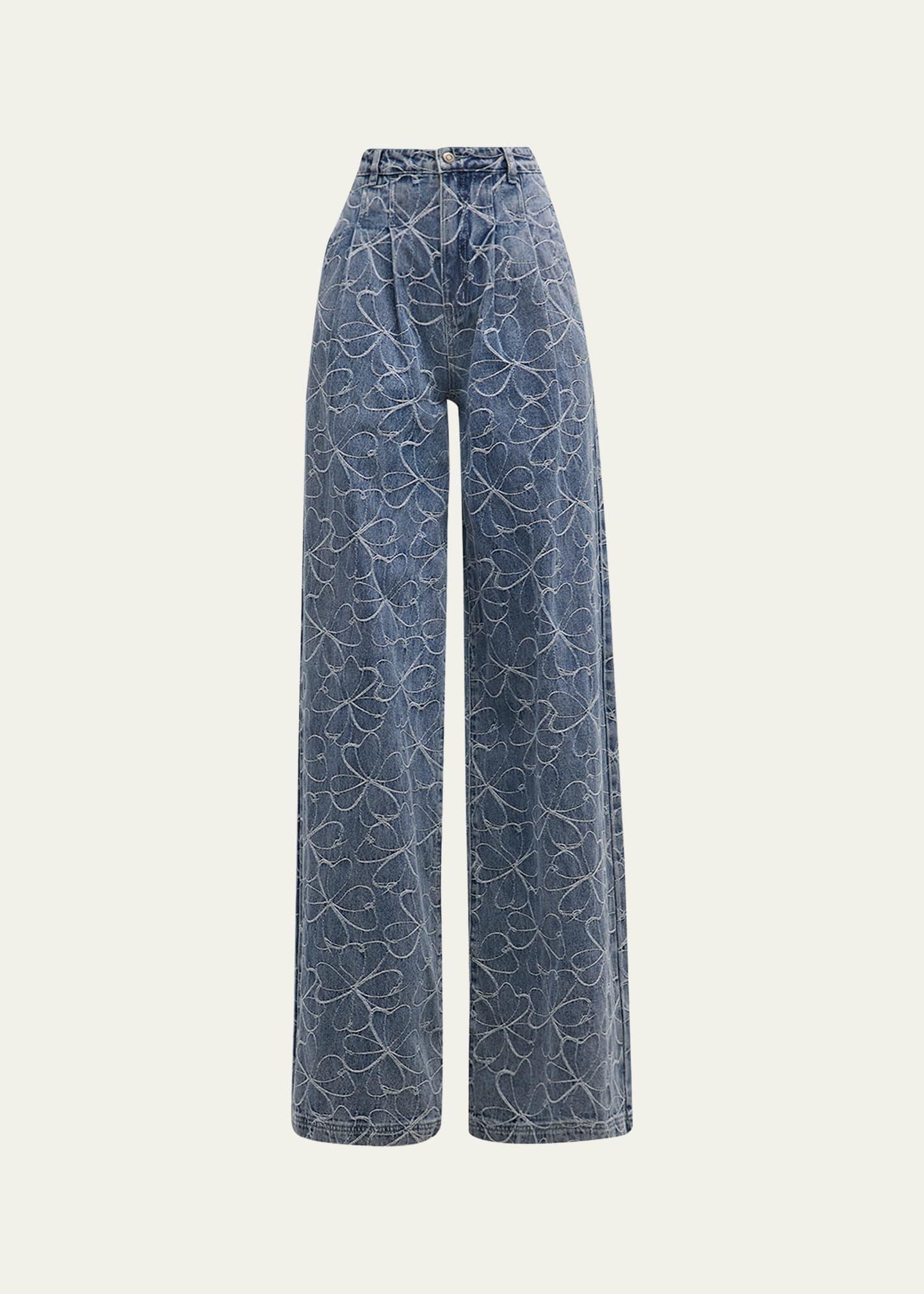 Womens Adley Floral-Embroidered Denim Wide-Leg Jeans Product Image