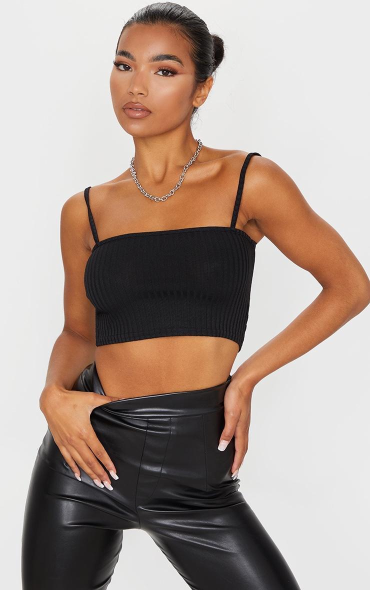 Basic Black Wide Rib Square Neck Strappy Crop Top Product Image