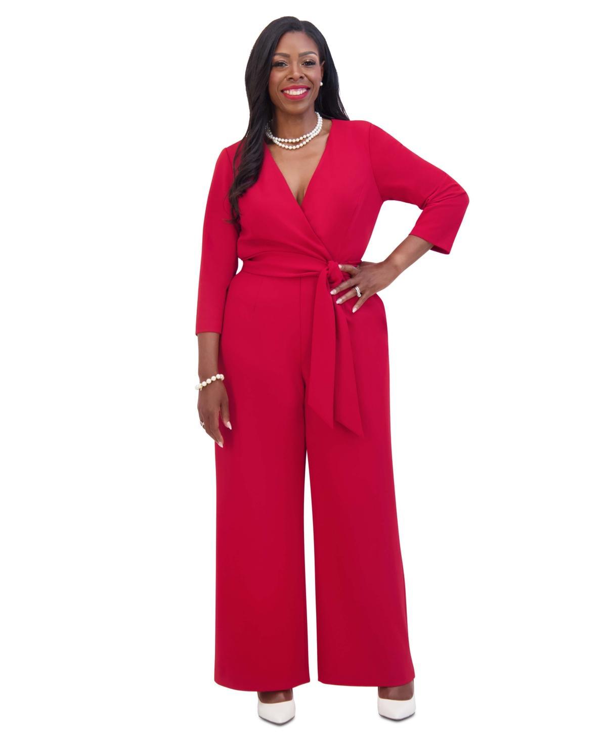 Kasper Womens Tie-Waist 3/4-Sleeve Wide-Leg Jumpsuit Product Image