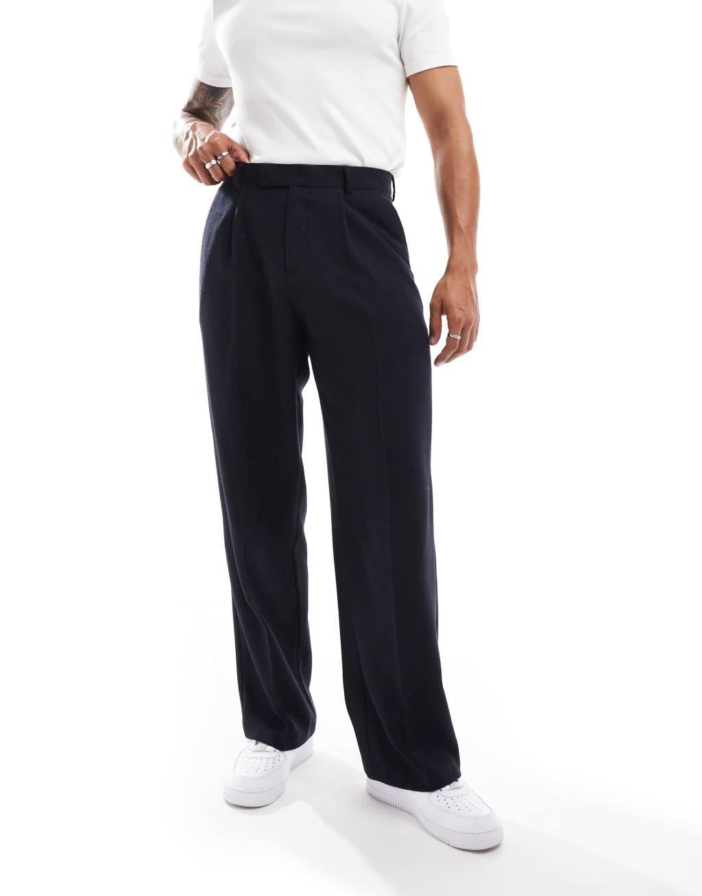 ASOS DESIGN wide wool blend suit pants in navy twill Product Image