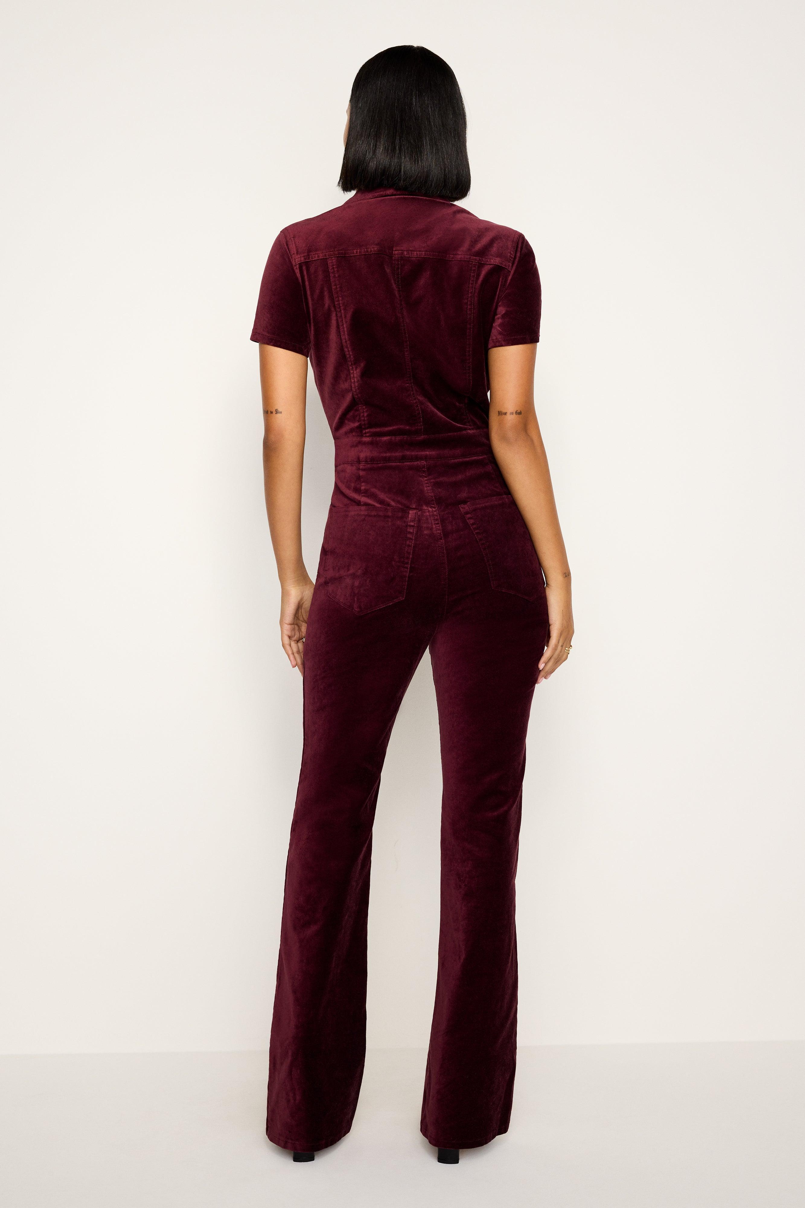 FIT FOR SUCCESS VELVET BOOTCUT JUMPSUIT | OXBLOOD002 Product Image