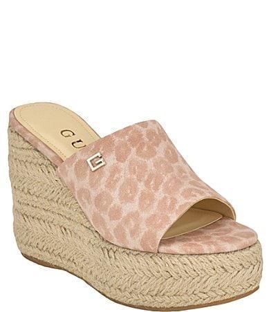 Guess Evba Leopard Print Suede Platform Wedge Espadrille Slides Product Image