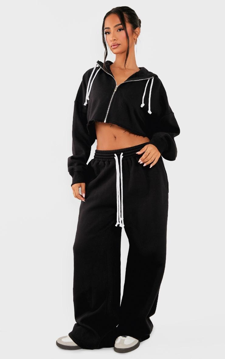 Petite Black Contrast Drawstring Cropped Zip Up Hoodie Product Image