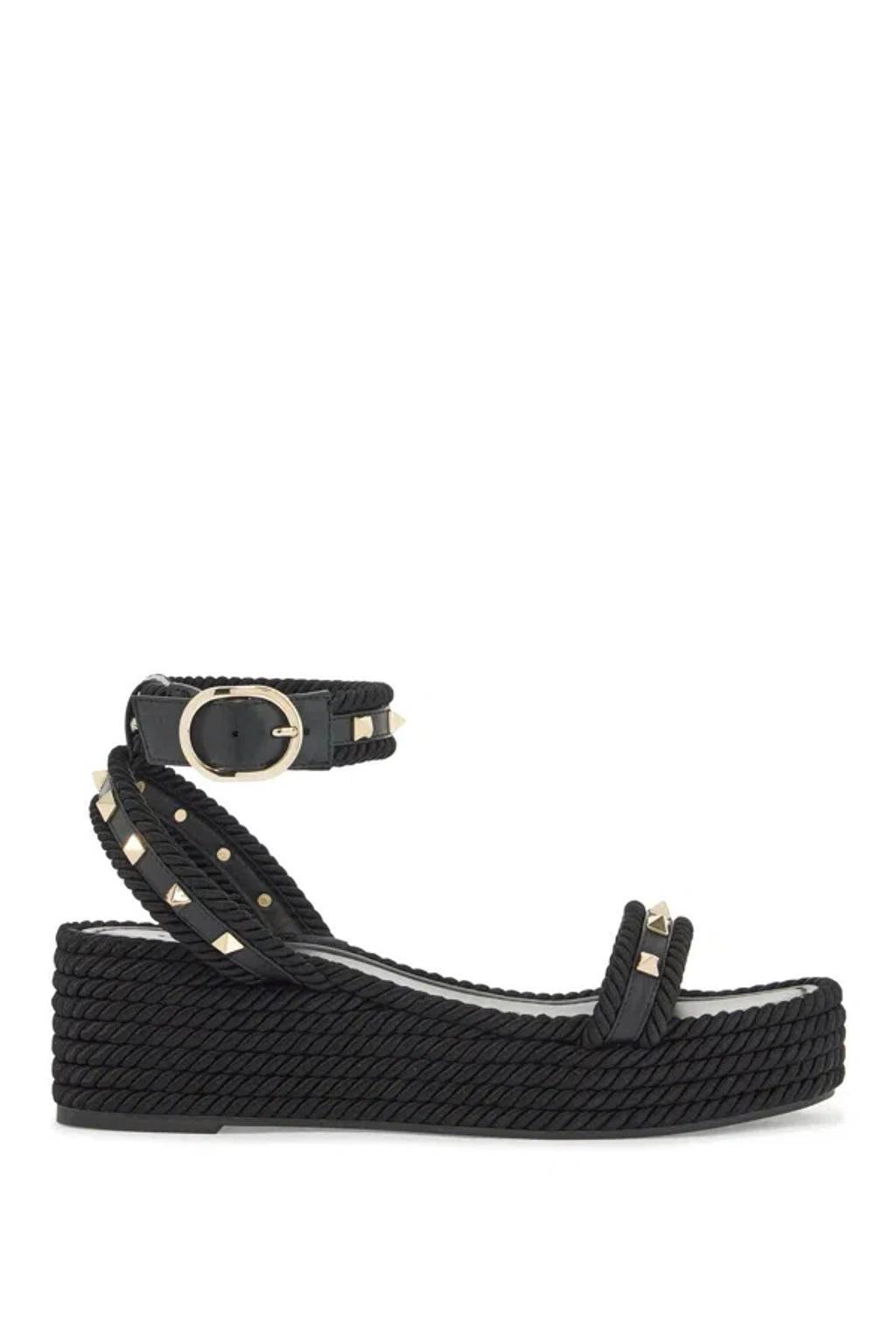 VALENTINO GARAVANI Rockstud Flatform Sandal In Calfskin 45mm Woman Black 36 Product Image