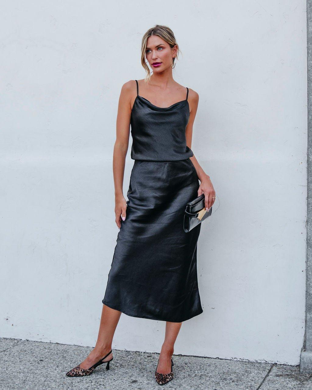 Muse By Magnolia Black Satin Midi Skirt Product Image