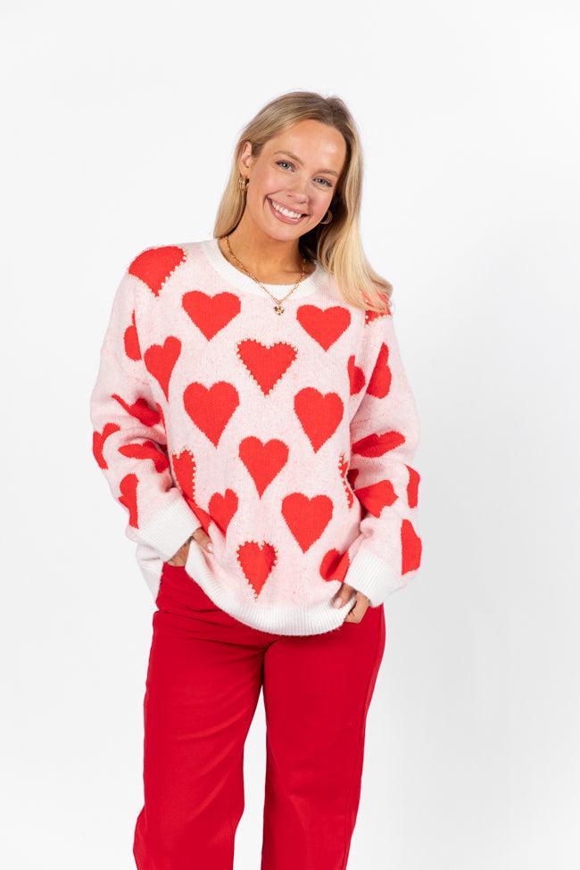 Falling For You Ivory and Red Oversized Pearl Embellished Heart Sweater Product Image