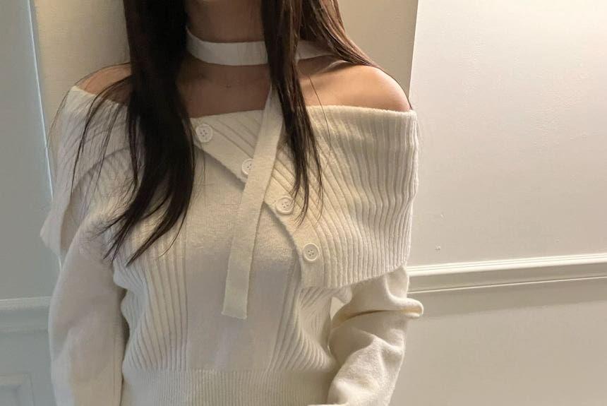 Off Shoulder Plain Button Sweater Product Image