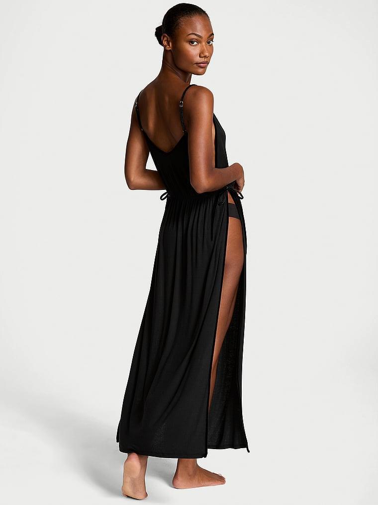 Ribbed Modal Velvet-Trim Long Slip Dress Product Image