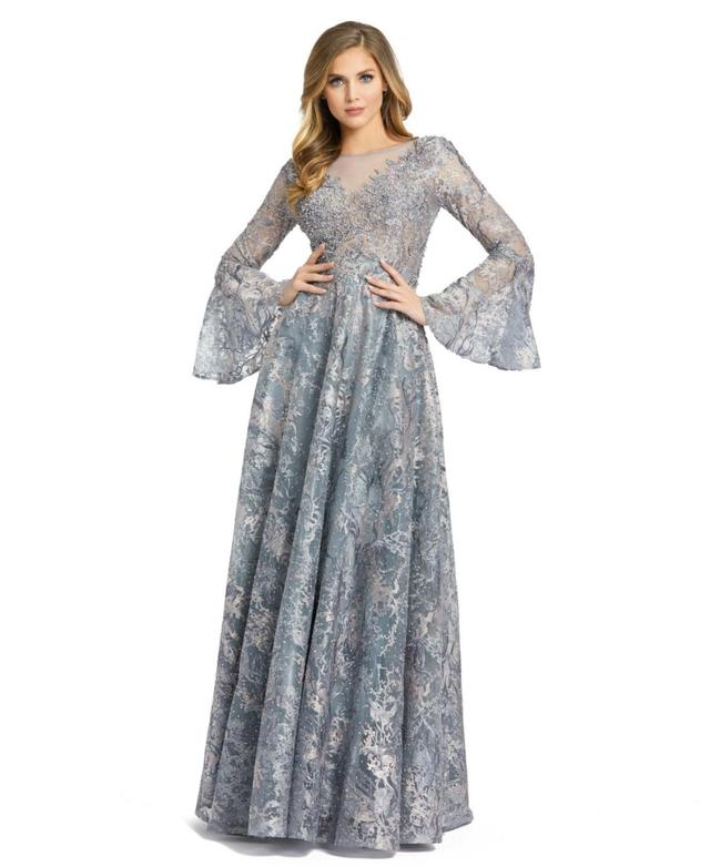 Womens Vine Sequined Jacquard Bell-Sleeve Gown Product Image