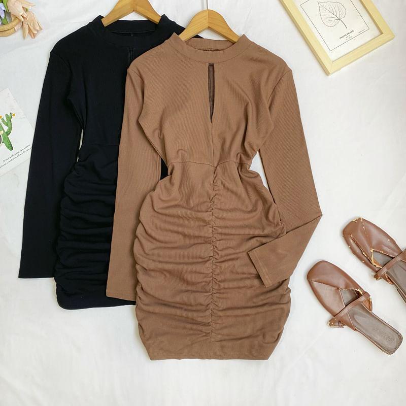 Long Sleeve Crew Neck Plain Ruched Bodycon Mini Dress Product Image