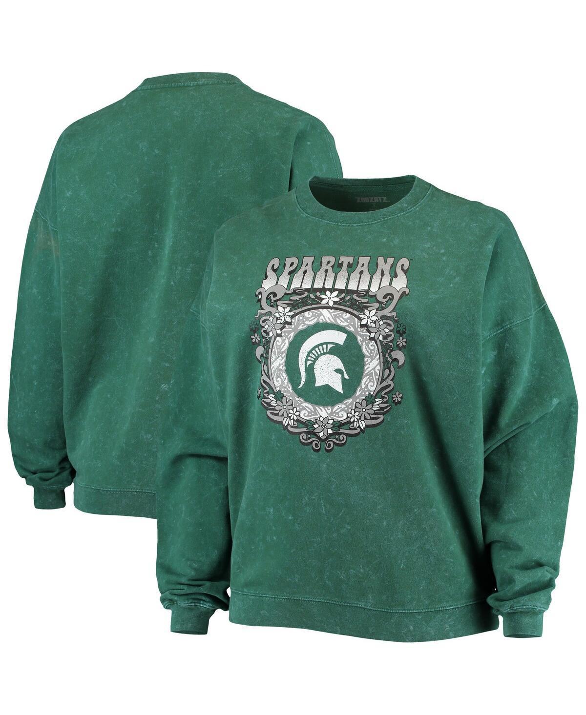 Womens ZooZatz Green Michigan State Spartans Garment Wash Oversized Vintage-Like Pullover Sweatshirt Product Image