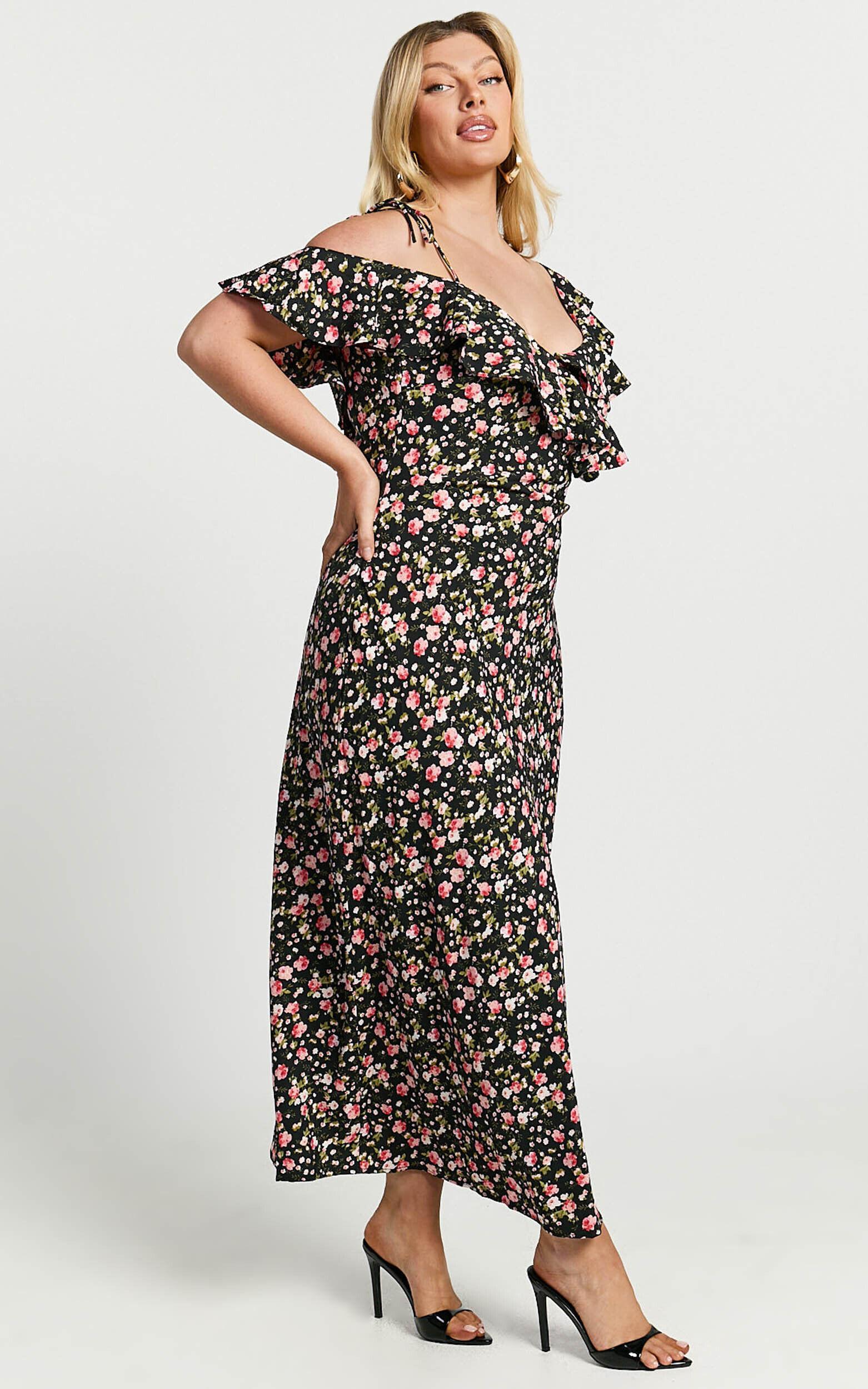 Giulia Midi Dress - One Shoulder Frill Detail Dress in Black Floral Product Image