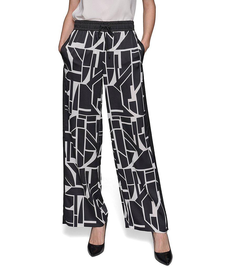 KARL LAGERFELD PARIS Abstract Printed Wide Leg Elastic Waistband Karl Logo Detail Pants Product Image