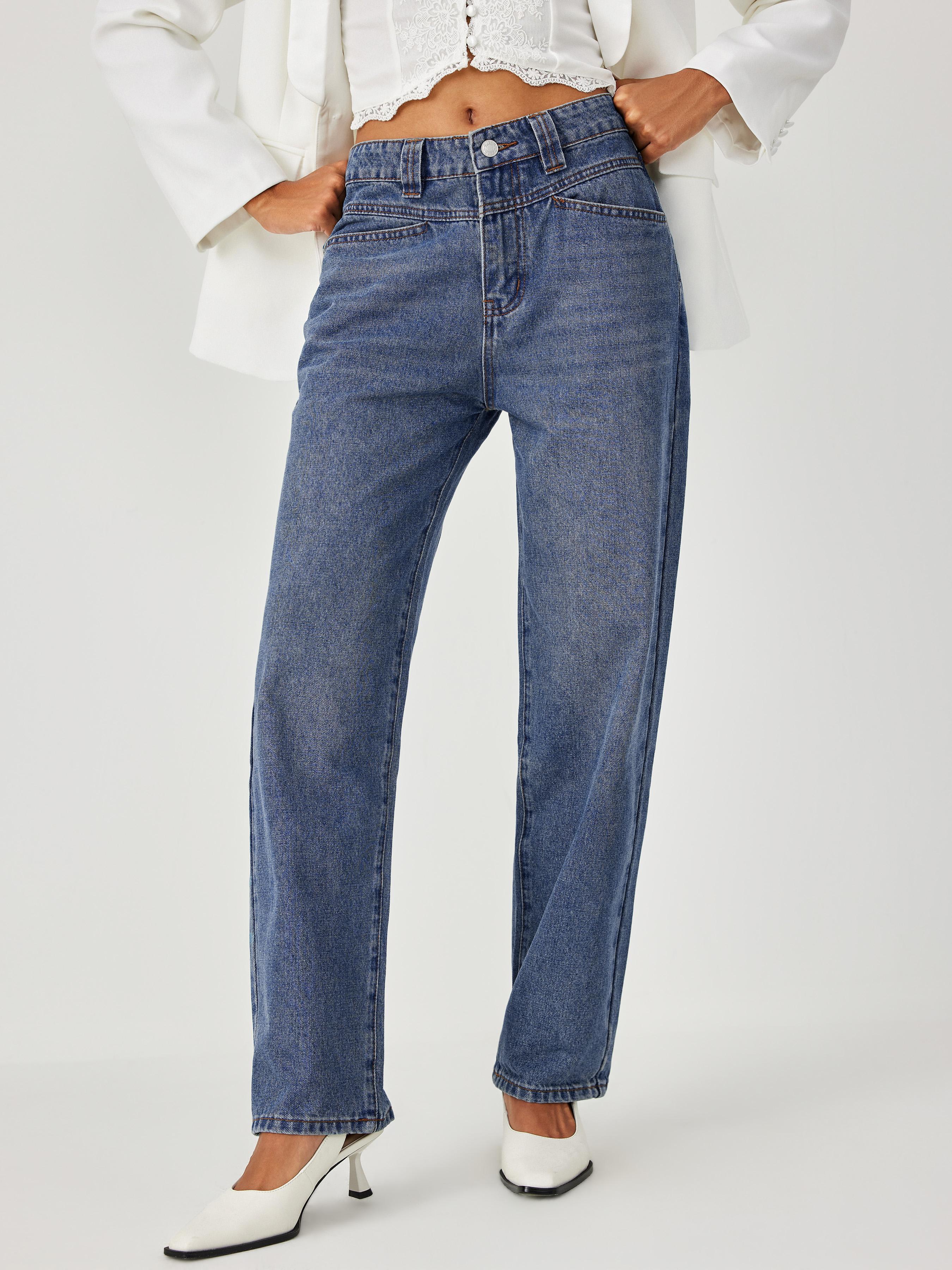 Denim Mid Rise Solid Pocket Straight Leg Mom Jeans product image