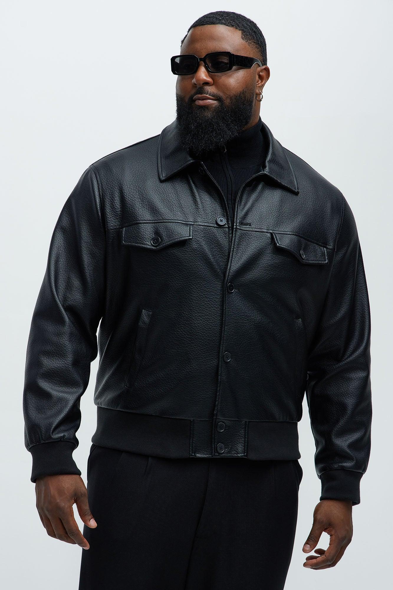 Carver Faux Leather Collar Bomber Jacket - Black Product Image