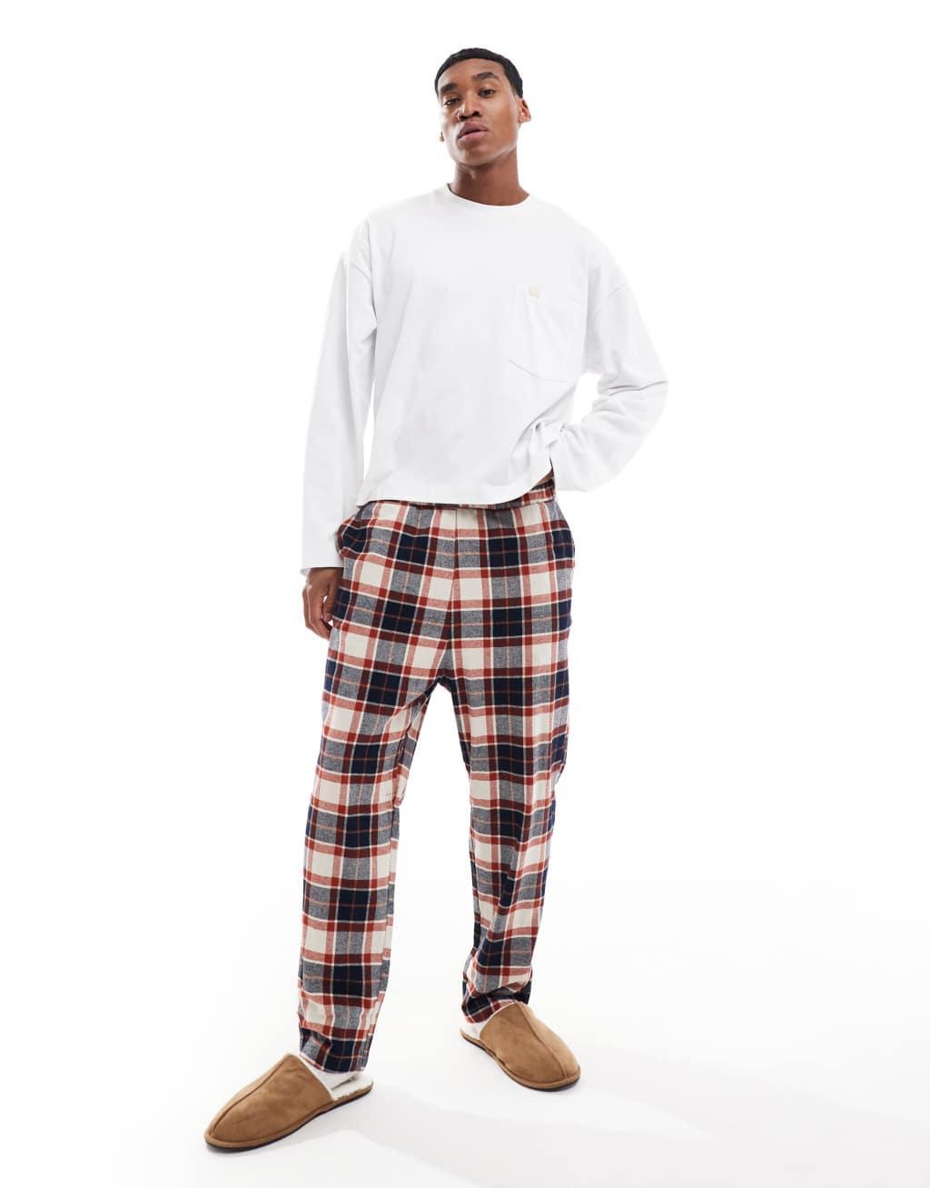 Jack & Jones brushed plaid pajama bottom in beige & rust  Product Image