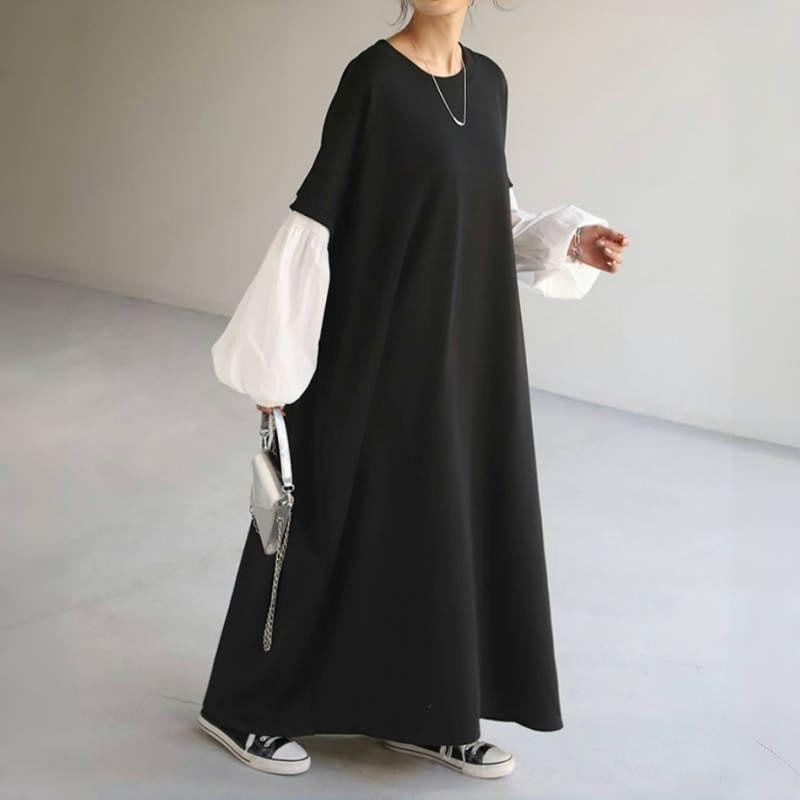 Puff-Sleeve Two-Tone Midi A-Line Dress Product Image