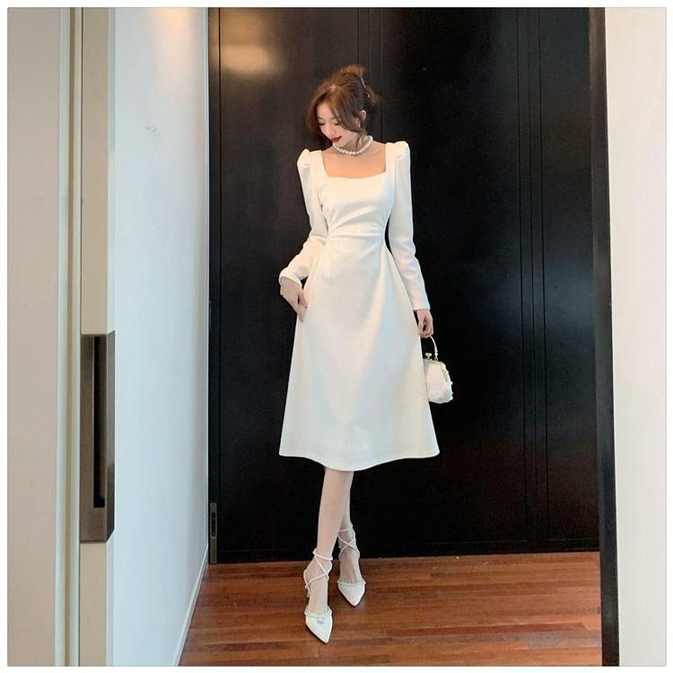 Long Sleeve Square Neck Plain Midi Dress Product Image