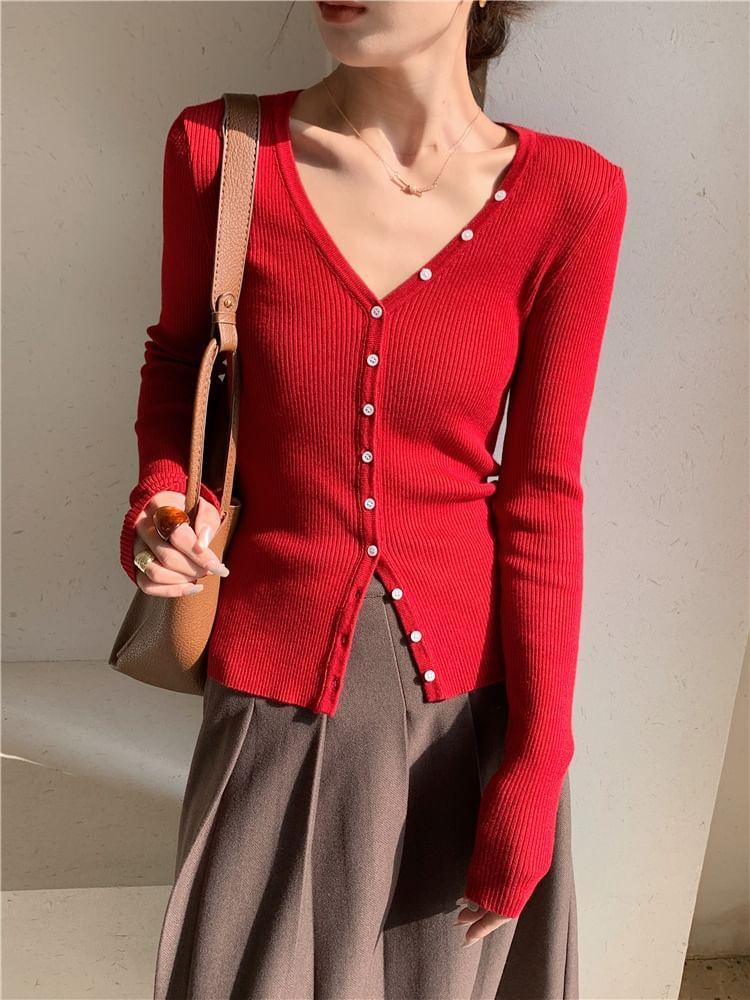 Long-Sleeve V-Neck Plain Button Knit Top Product Image