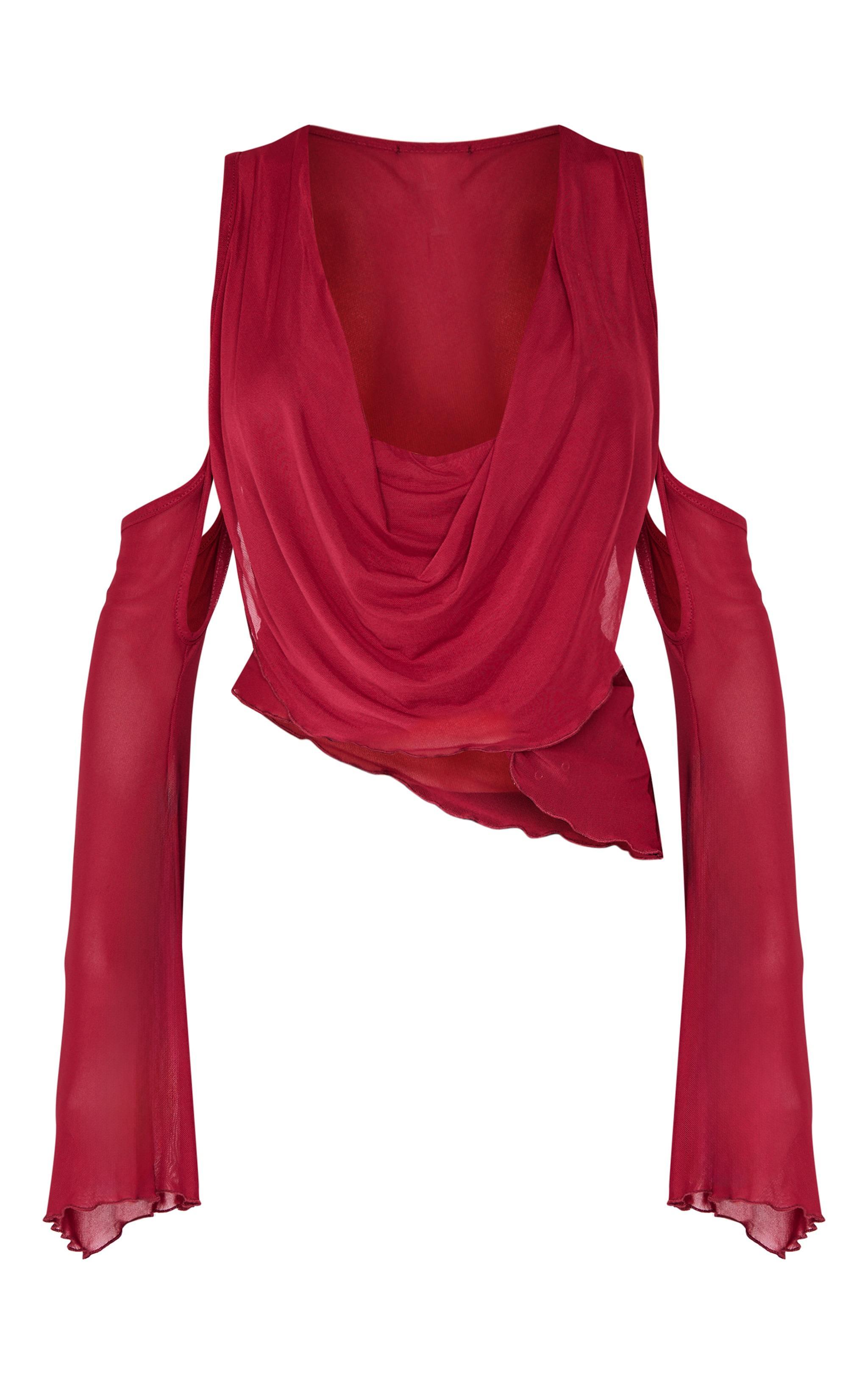 Burgundy Mesh Cowl Neck Sleeve Detail Top Product Image