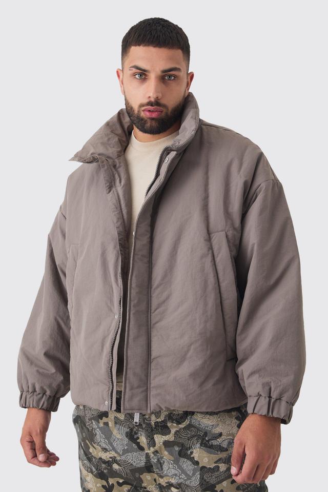 Plus Oversized Boxy Padded Funnel Neck Coat In Charcoal | boohooMAN USA Product Image