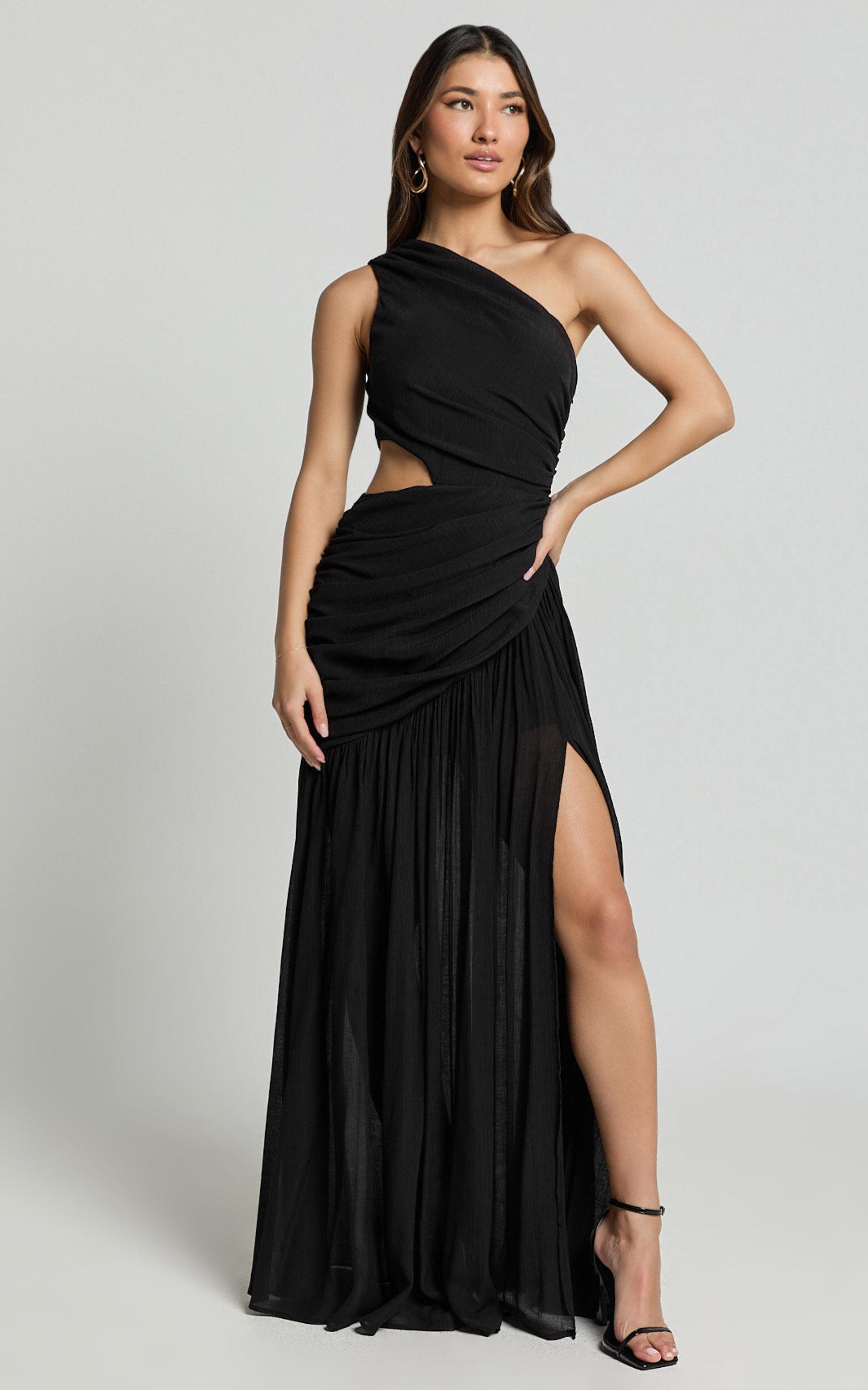 Darcy Maxi Dress - One Shoulder Side Cut Out Gathered Dress in Black Product Image