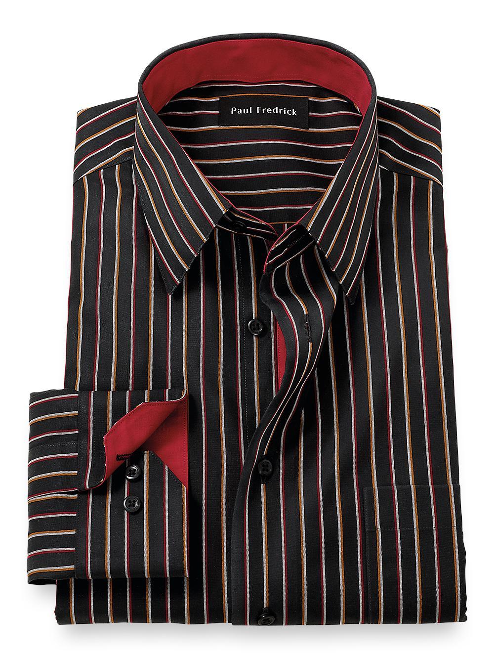 Non-Iron Cotton Stripe Dress Shirt With Contrast Trim - Black/red Product Image