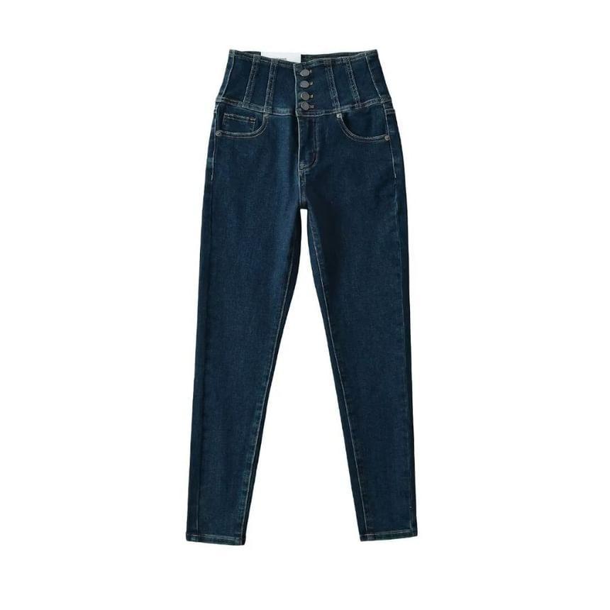 High Waist Plain Slim Leg Jeans Product Image