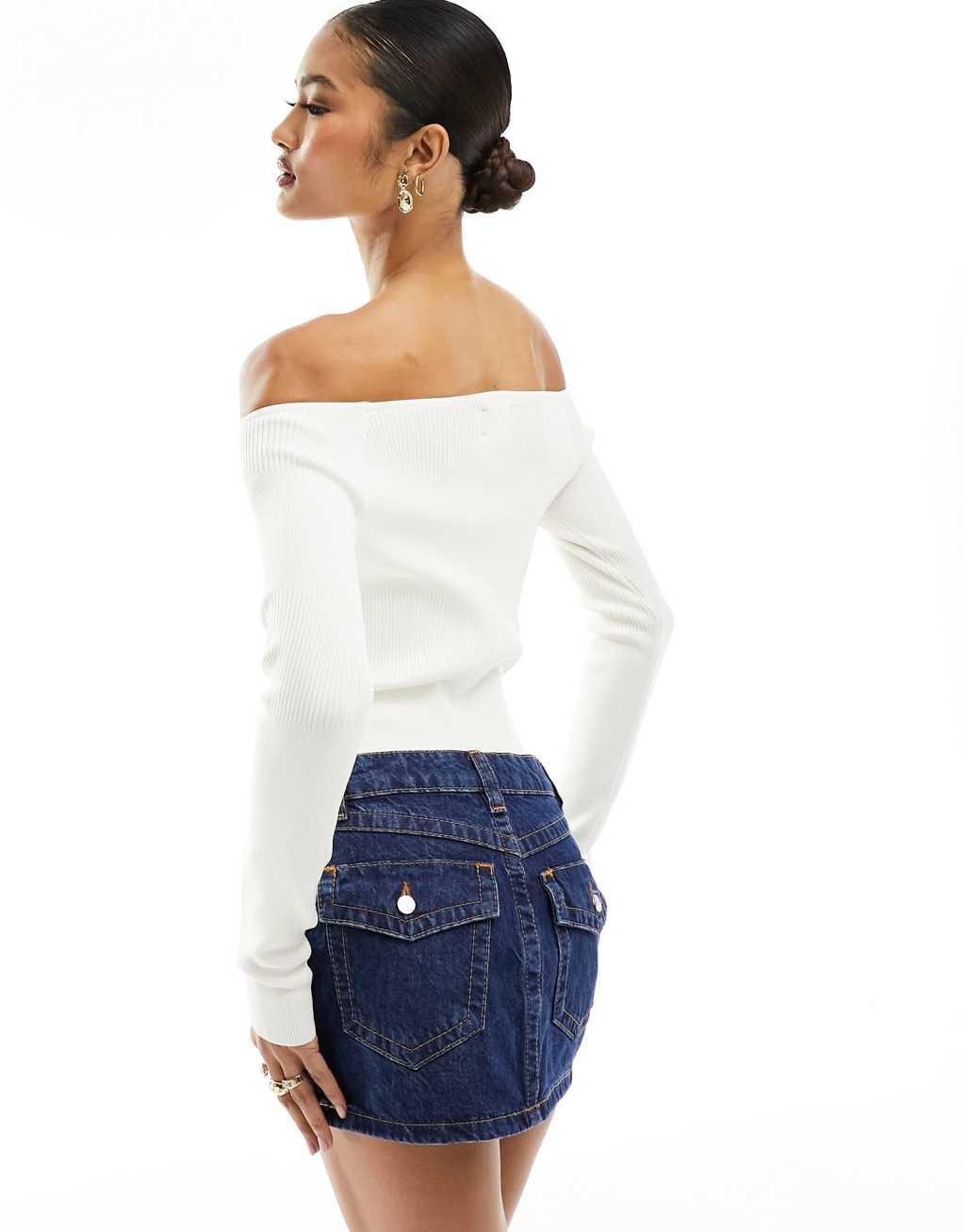 ASOS DESIGN sculpted knit off shoulder top in cream Product Image