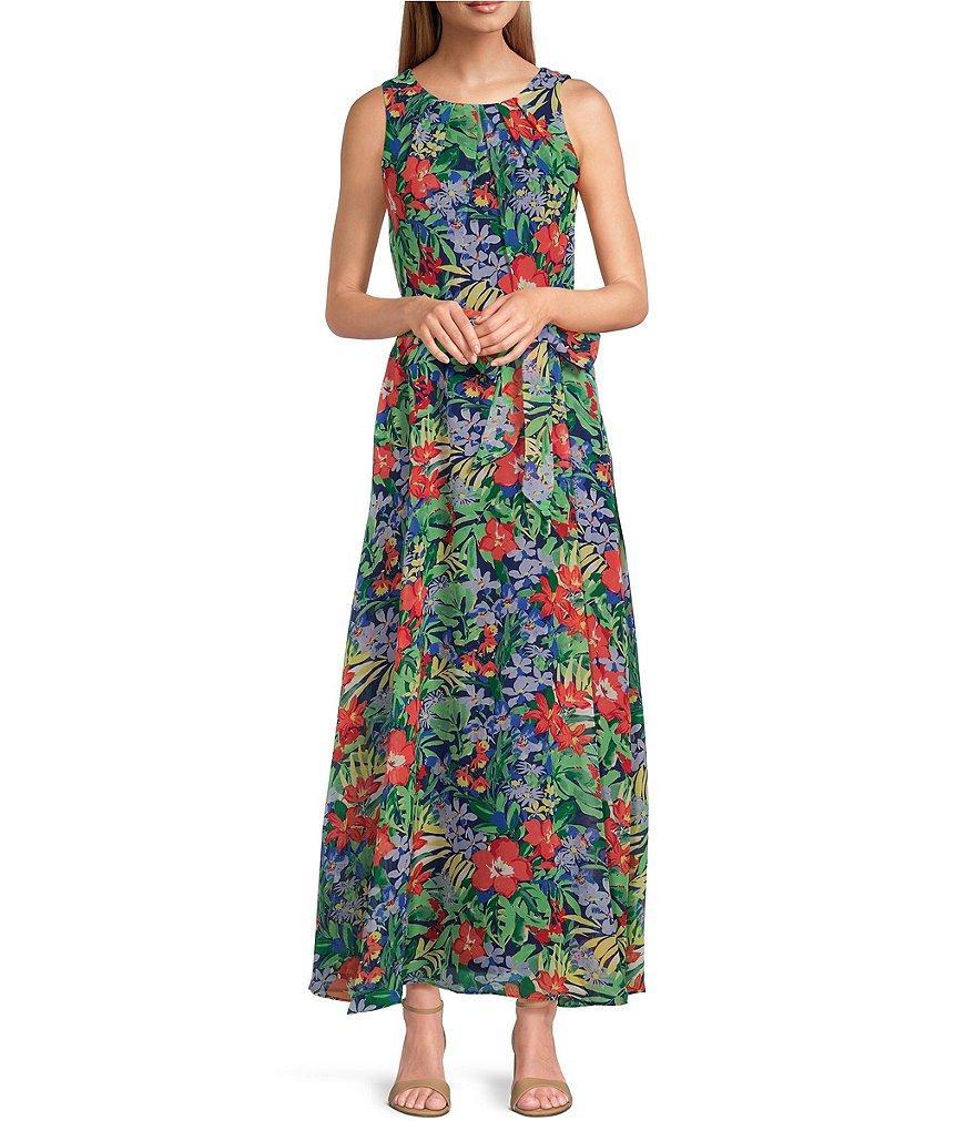 Leslie Fay Sleeveless Crew Neck Tie Waist Floral Maxi Dress Product Image